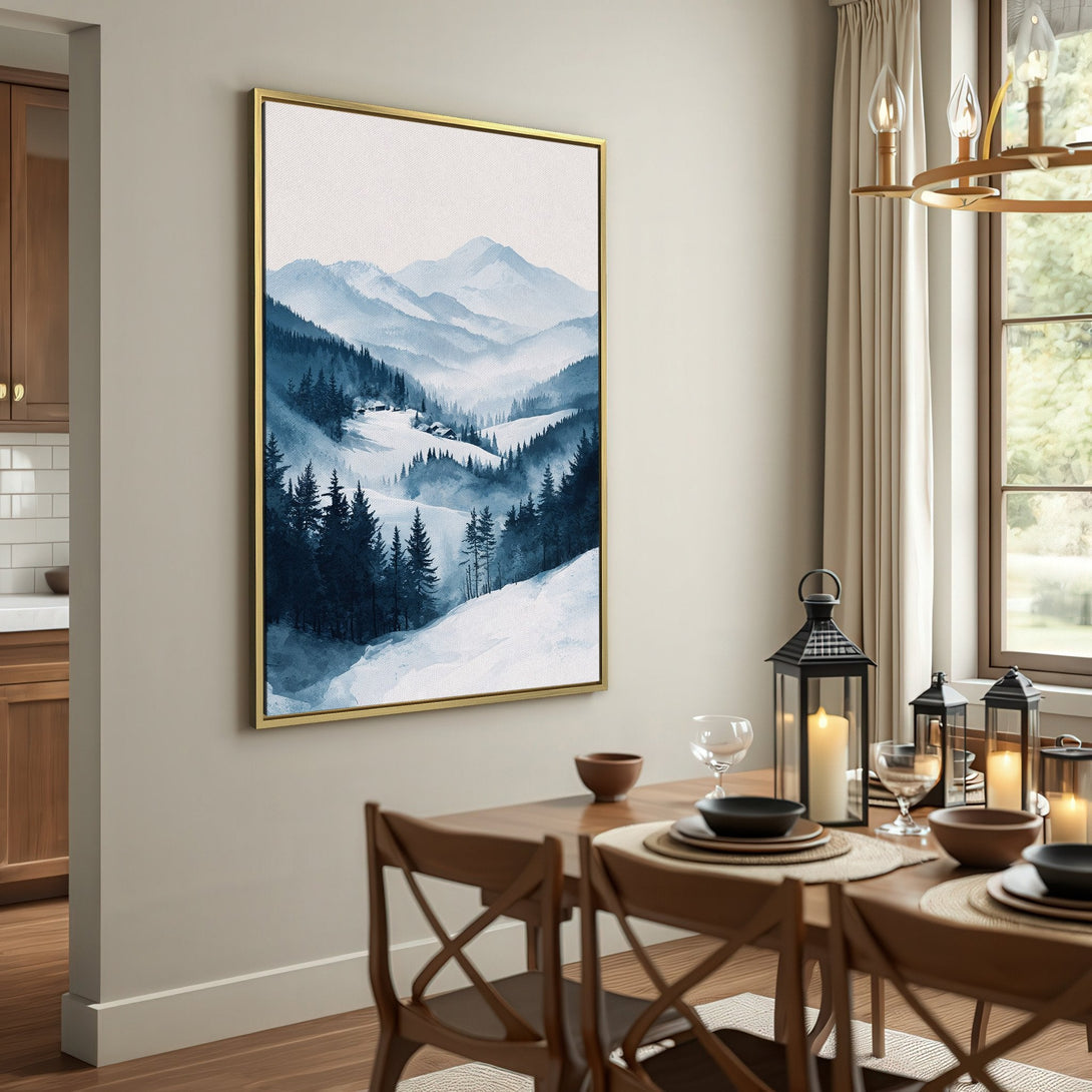 Canvas Print of a serene winter landscape in blue tones. Watercolor style mountain scene. Perfect wall art for a cozy interior.