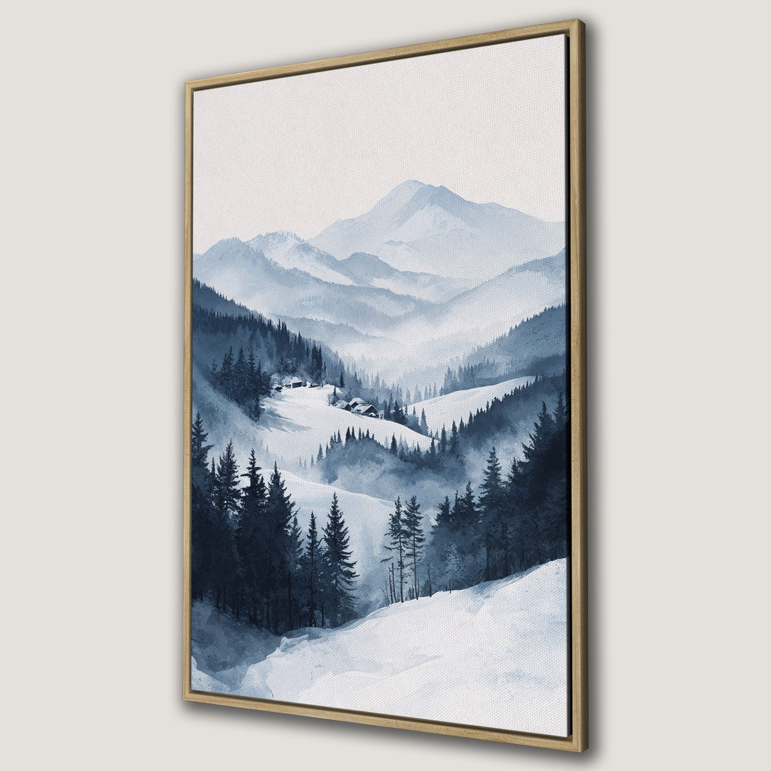 Framed Wall Art: Watercolor landscape Canvas Print of snowy mountains and pine trees in a serene blue and white color palette. Perfect for home decor.