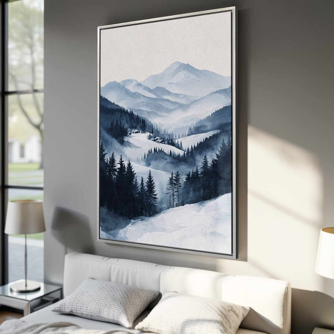 Framed Wall Art of a serene mountain landscape in blue watercolor style. Perfect for adding a touch of nature and tranquility to your home decor.