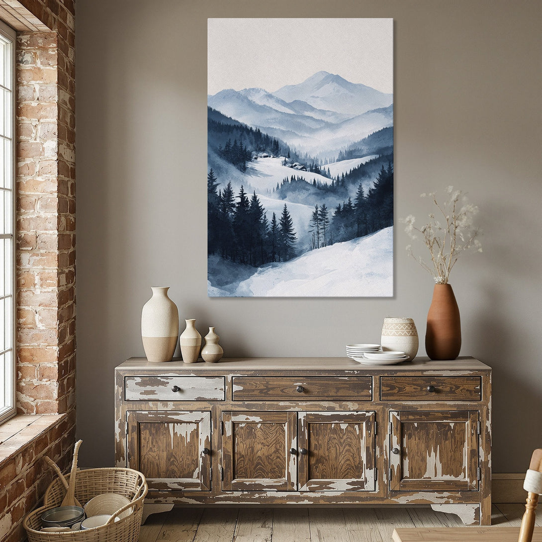 Framed Wall Art: Serene watercolor mountain landscape in blue hues. Perfect for adding a touch of nature and tranquility to your dining room.