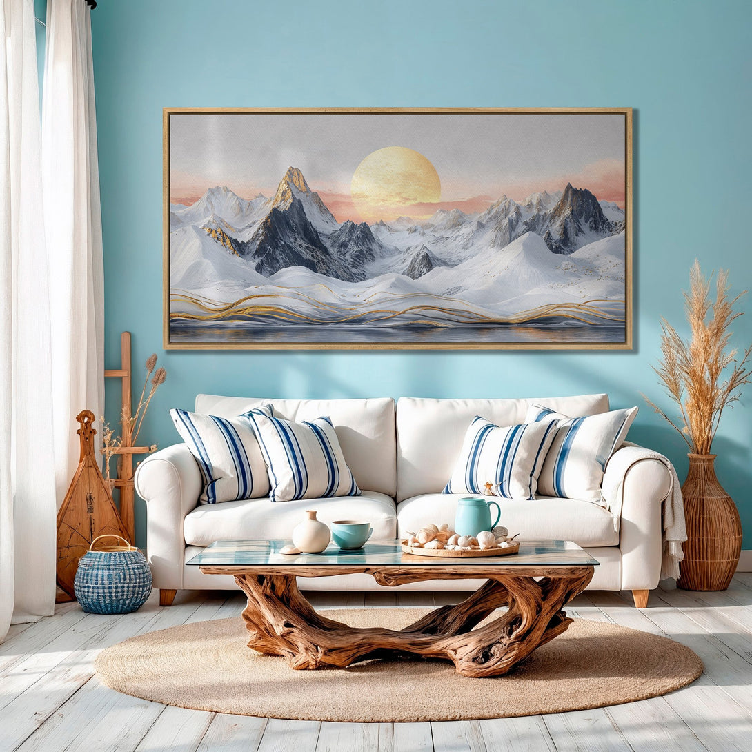 Framed Wall Art: Mountain landscape Canvas Print in neutral tones, adding a serene touch to any interior. Perfect for modern home decor.