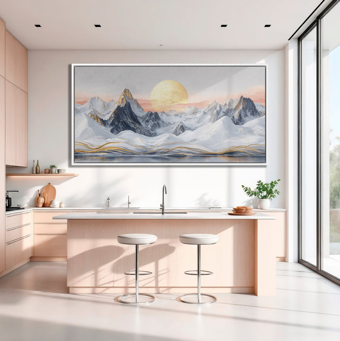 Framed Wall Art featuring a stunning mountain landscape with a warm, golden sunset. Neutral color palette complements any interior. Elevate your space with this beautiful artwork.