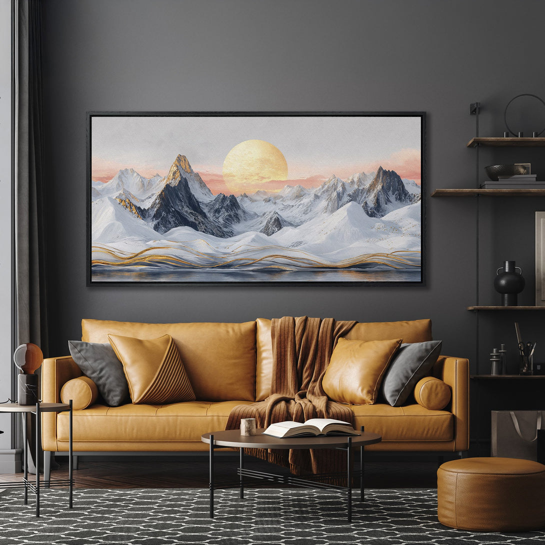 Framed Wall Art: Majestic mountain landscape Canvas Print in a modern living room. Featuring a neutral color palette with gold accents. Elevate your home decor!