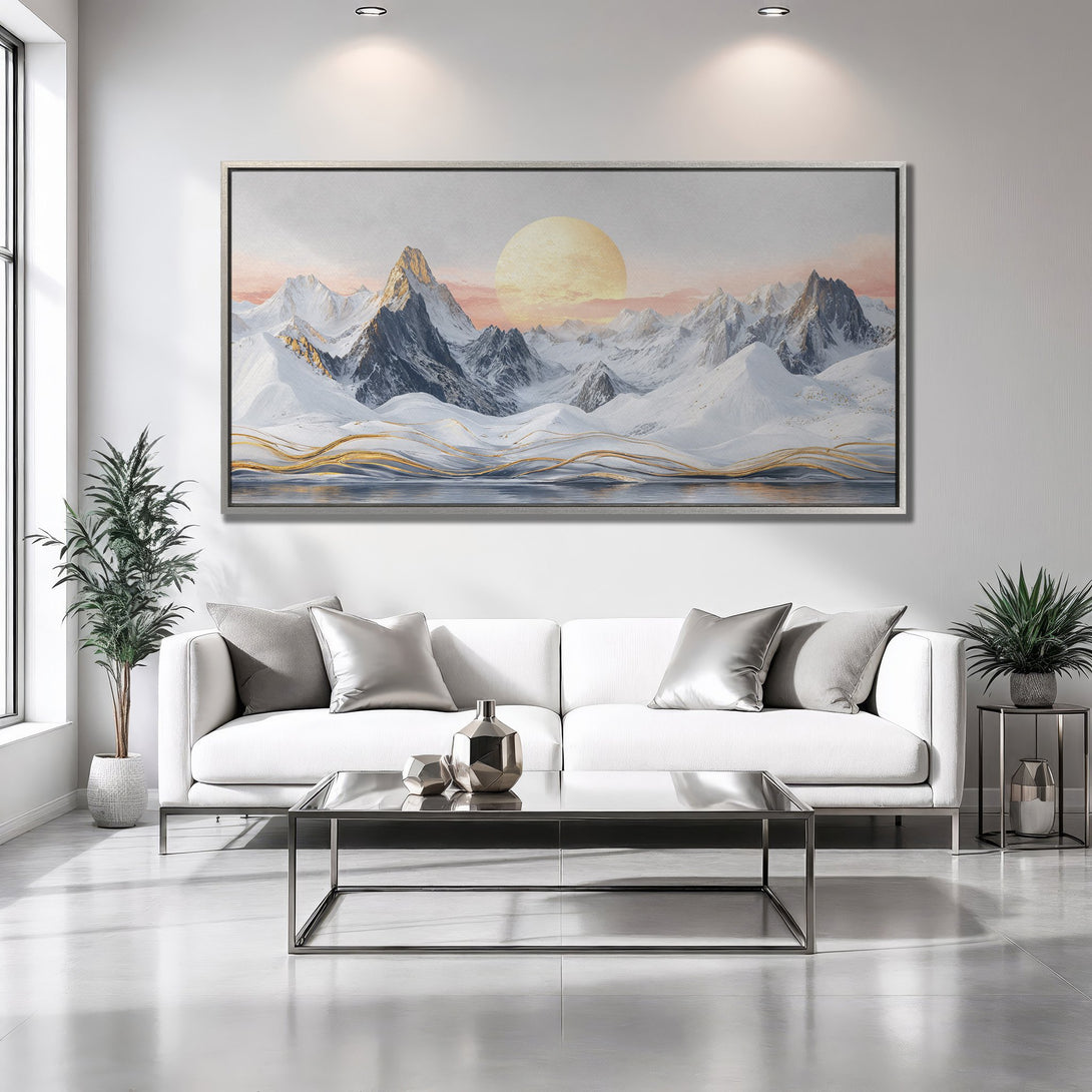 Framed Wall Art featuring a stunning mountain landscape with a warm sunset. Modern art with a neutral and gold color palette. Perfect for home decor.