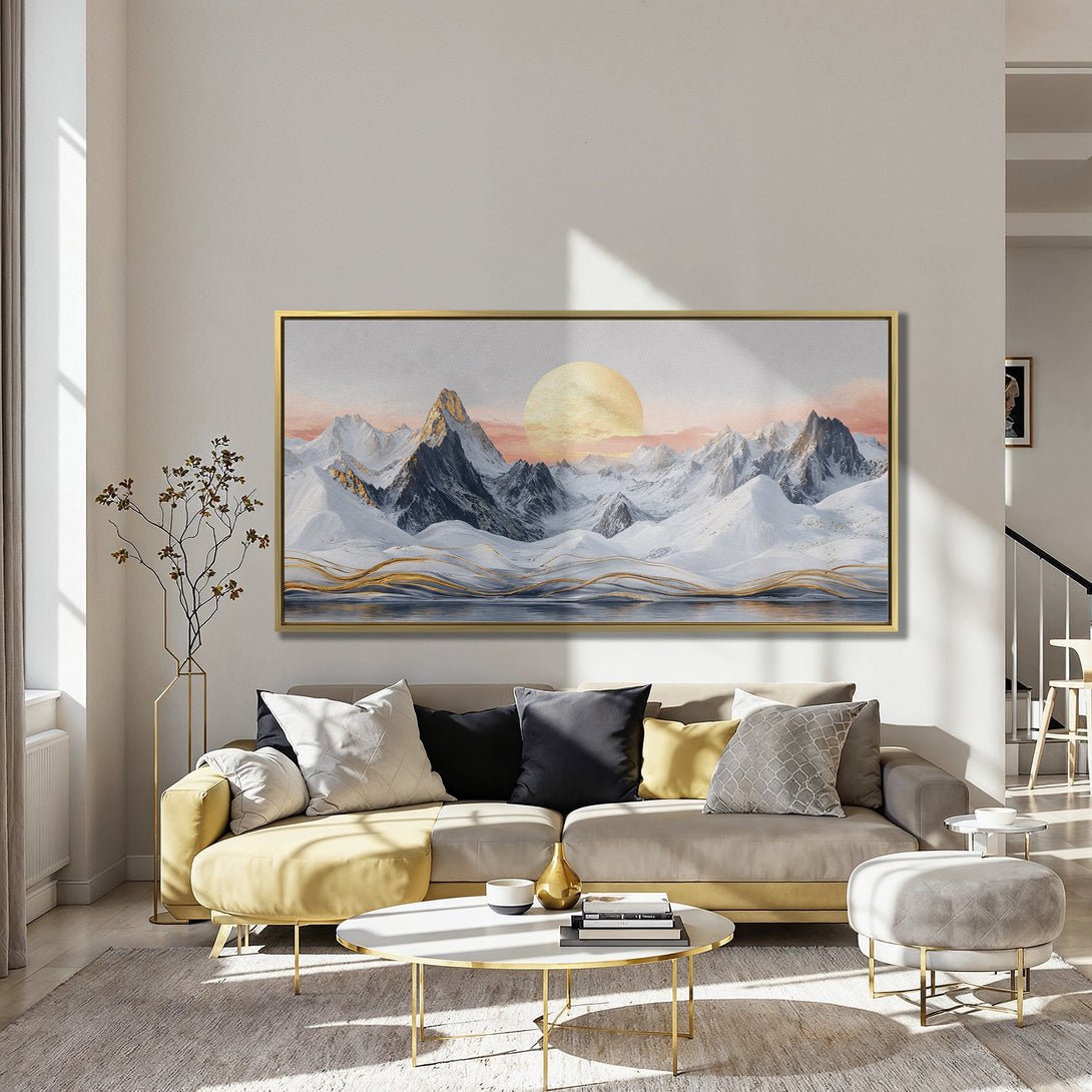 Canvas Print of a mountain landscape with a golden sun, in a modern style, with a warm color palette.