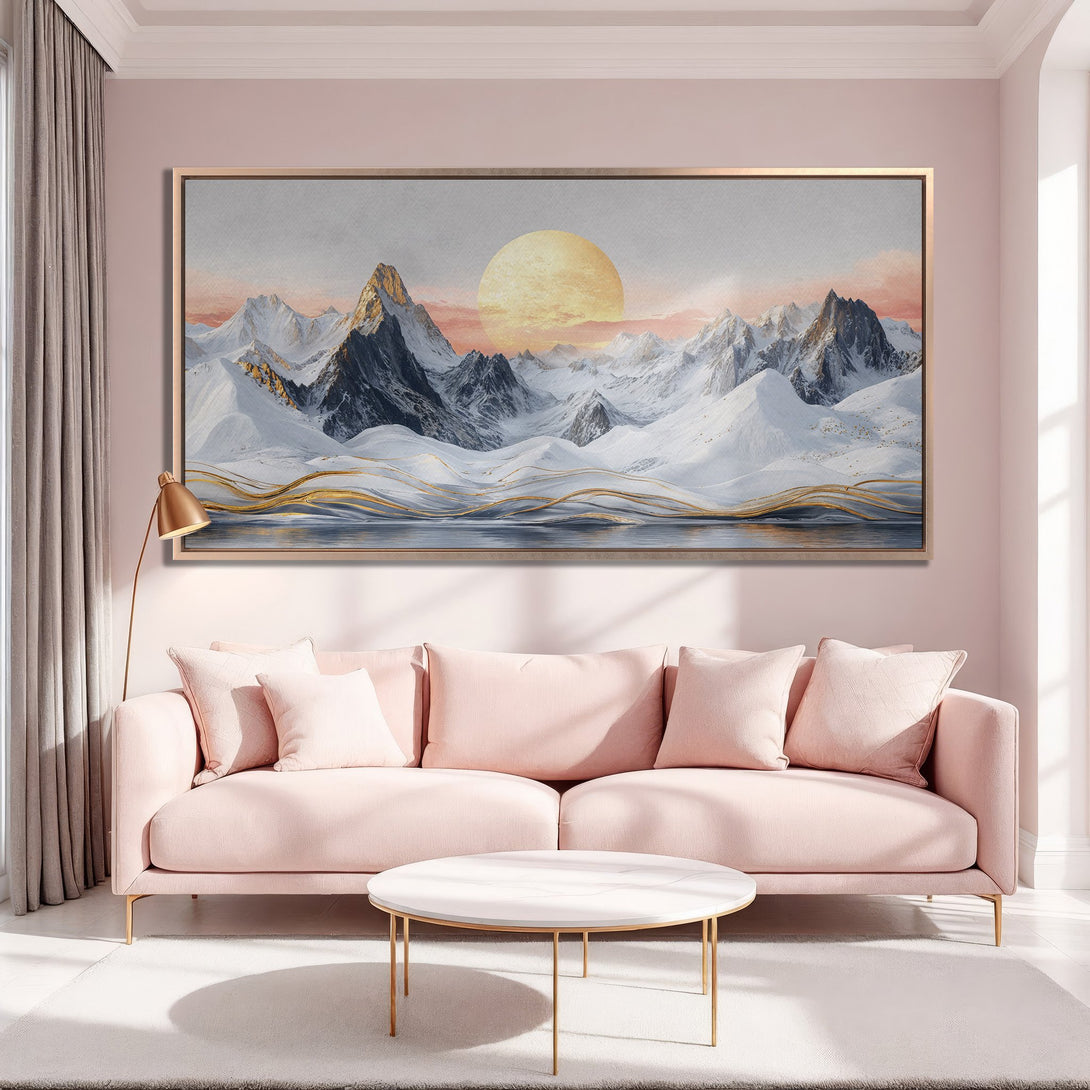 Framed Wall Art: Stunning mountain landscape canvas print in a modern style with a soft pink and gold color palette. Elevate your living room decor!