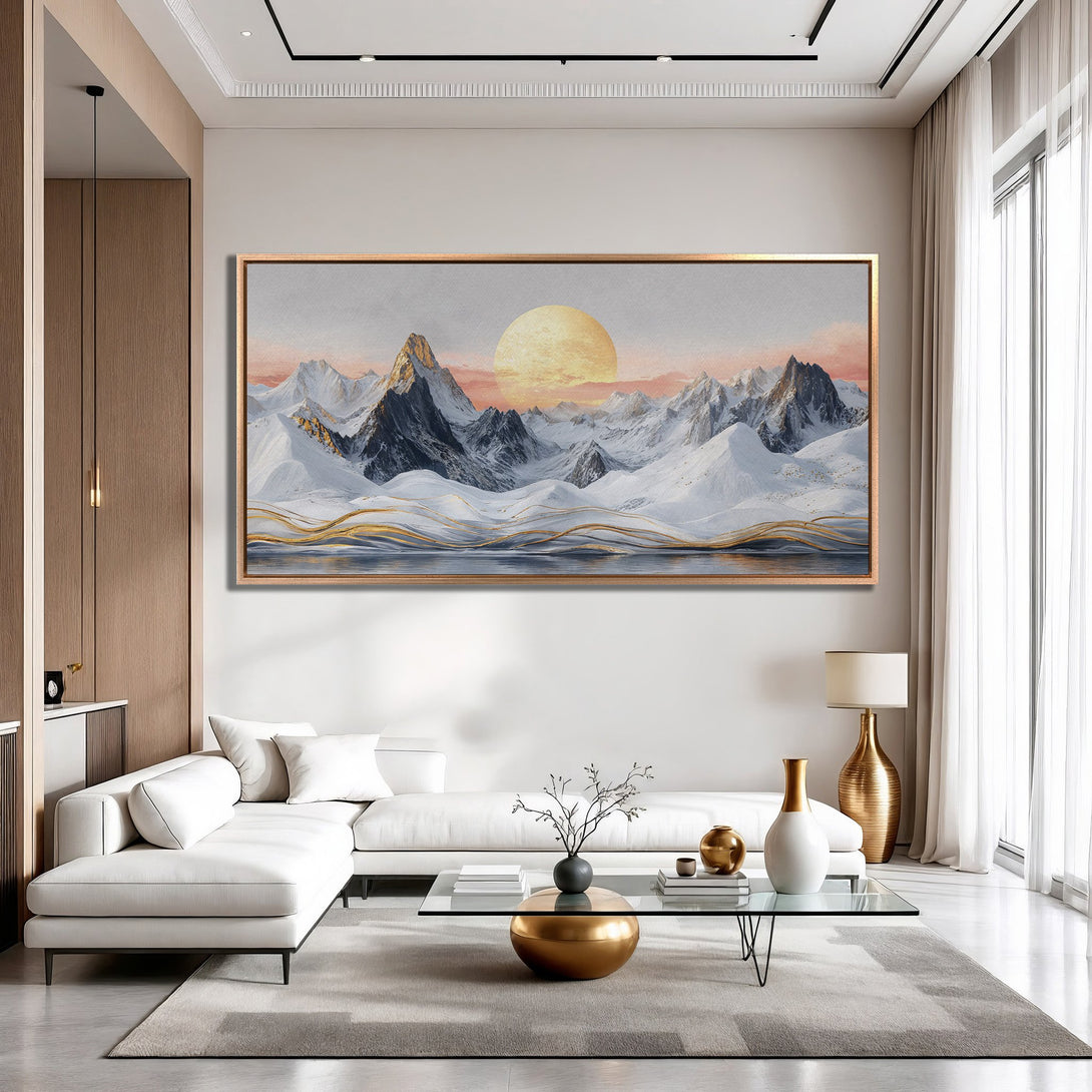 Framed Wall Art: Stunning mountain landscape Canvas Print in neutral tones with gold accents. Perfect for modern home decor.