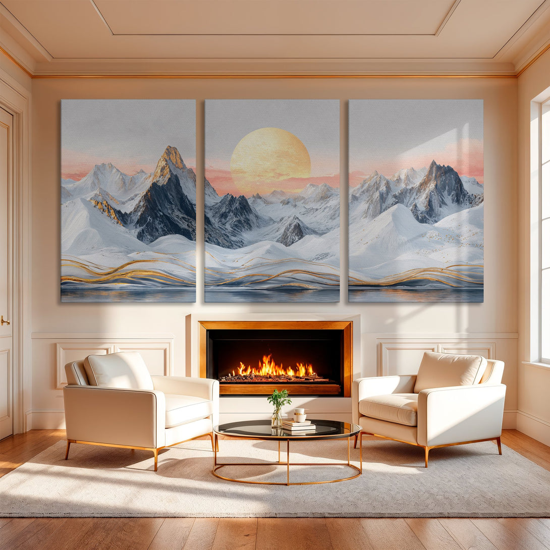 Canvas Print of a majestic mountain landscape with a warm, neutral color palette. Perfect for modern home decor.