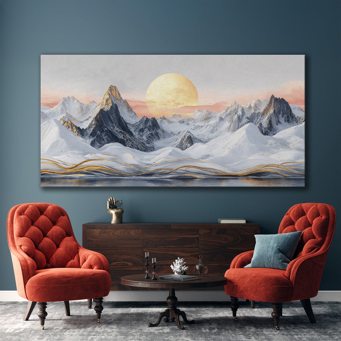 Framed Wall Art of a mountain landscape with a sunset, in a modern style. Features a neutral color palette with gold accents, perfect for any home decor.