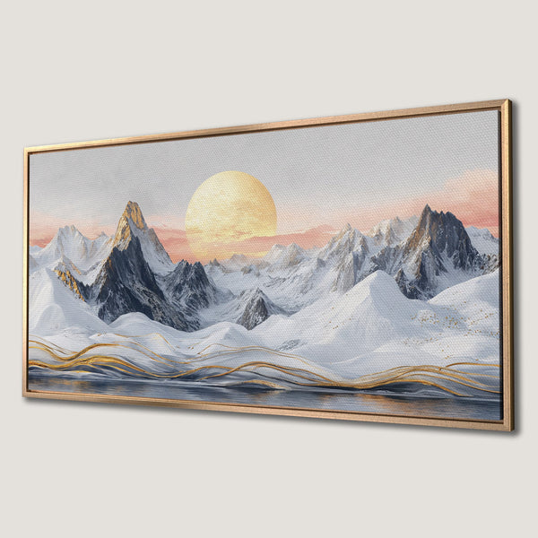 Framed Wall Art: Mountain landscape Canvas Print with gold accents. Features a serene scene with snowy peaks, a warm sunset, and a cool color palette.