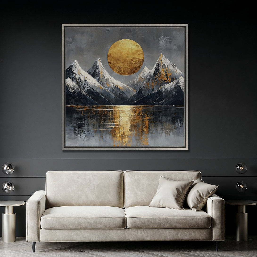 Framed Wall Art: Abstract mountain landscape in gray, gold, and white. Modern art Canvas Print for living room decor.
