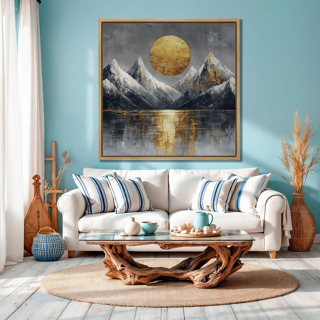 Framed Wall Art featuring a serene mountain landscape with a golden sun. Modern abstract style with gray, gold, and white tones, perfect for adding a touch of elegance.