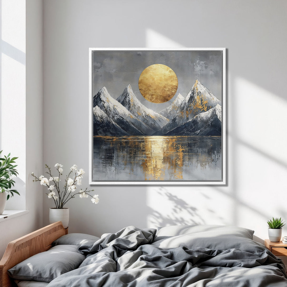 Framed Wall Art: Abstract mountain landscape in gray, gold, and white. Modern canvas print adds a touch of elegance to any room.