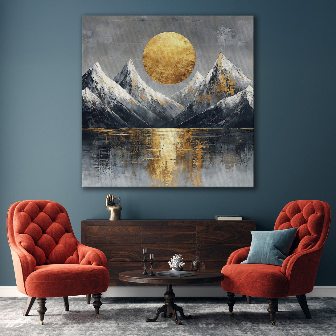 Framed Wall Art: Abstract mountain landscape Canvas Print with gold and gray tones, perfect for modern home decor. Adds a touch of elegance.