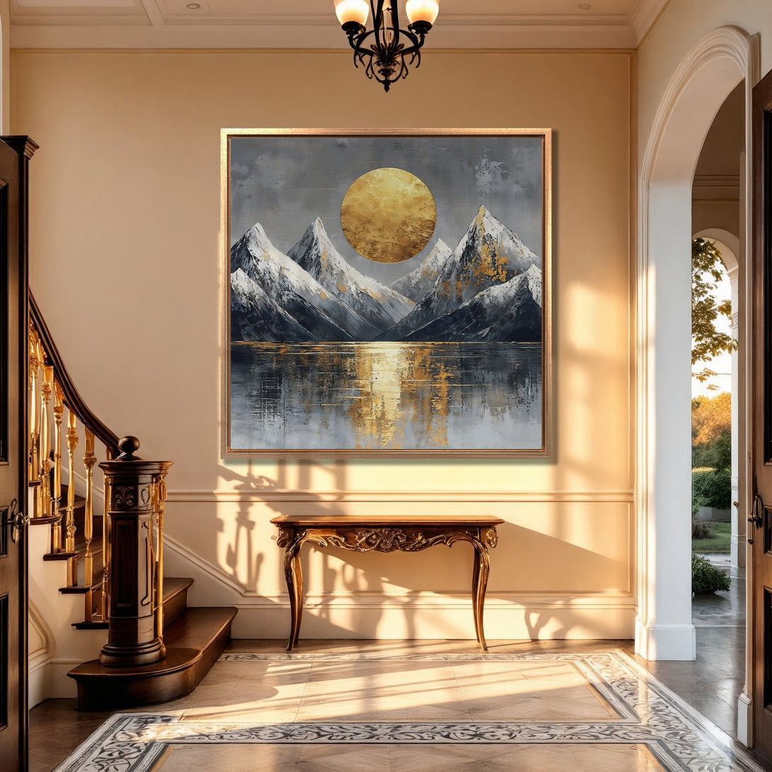 Framed Wall Art: Abstract mountain landscape in gold, gray, and white. Modern art canvas print adds elegance to any interior. Shop now for wall decor!