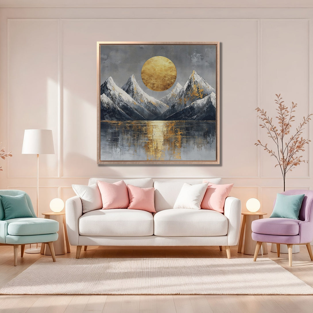 Framed Wall Art featuring a mountain landscape with a golden sun, in a modern style and a neutral color palette, perfect for home decor.