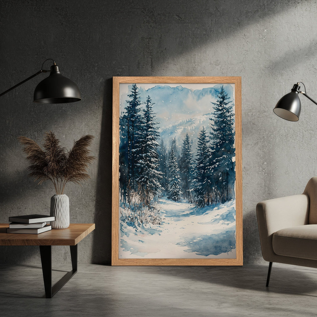 Framed Poster of a winter forest scene in watercolor style. Blue and white color palette, perfect for adding a touch of nature to your home.