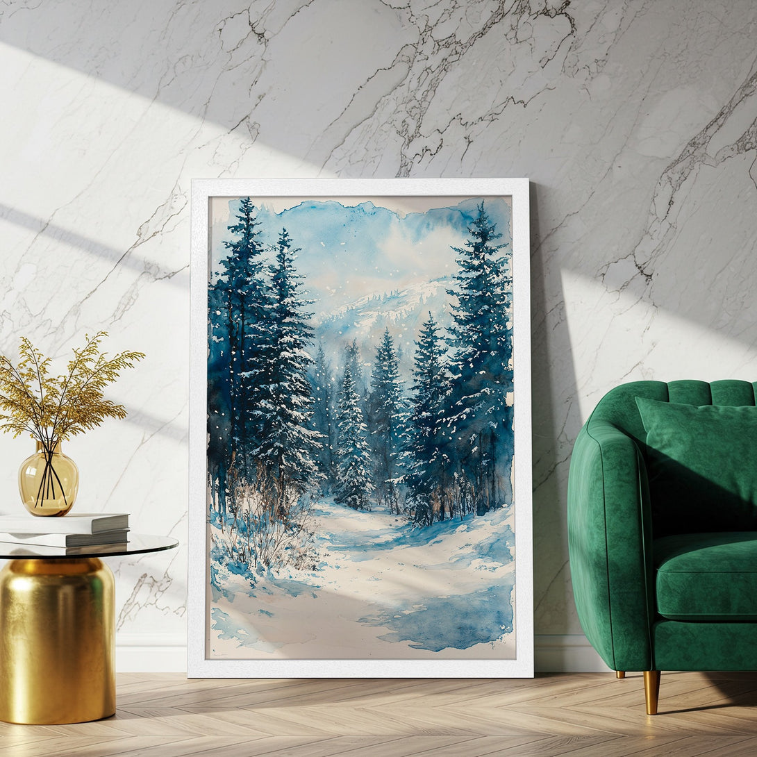Framed Poster featuring a watercolor winter forest scene in blue and white. Perfect wall art for a cozy home.