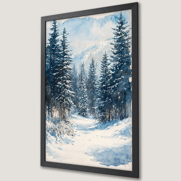Framed Poster of a winter forest watercolor painting in blue and white tones. Perfect wall art for a cozy home.