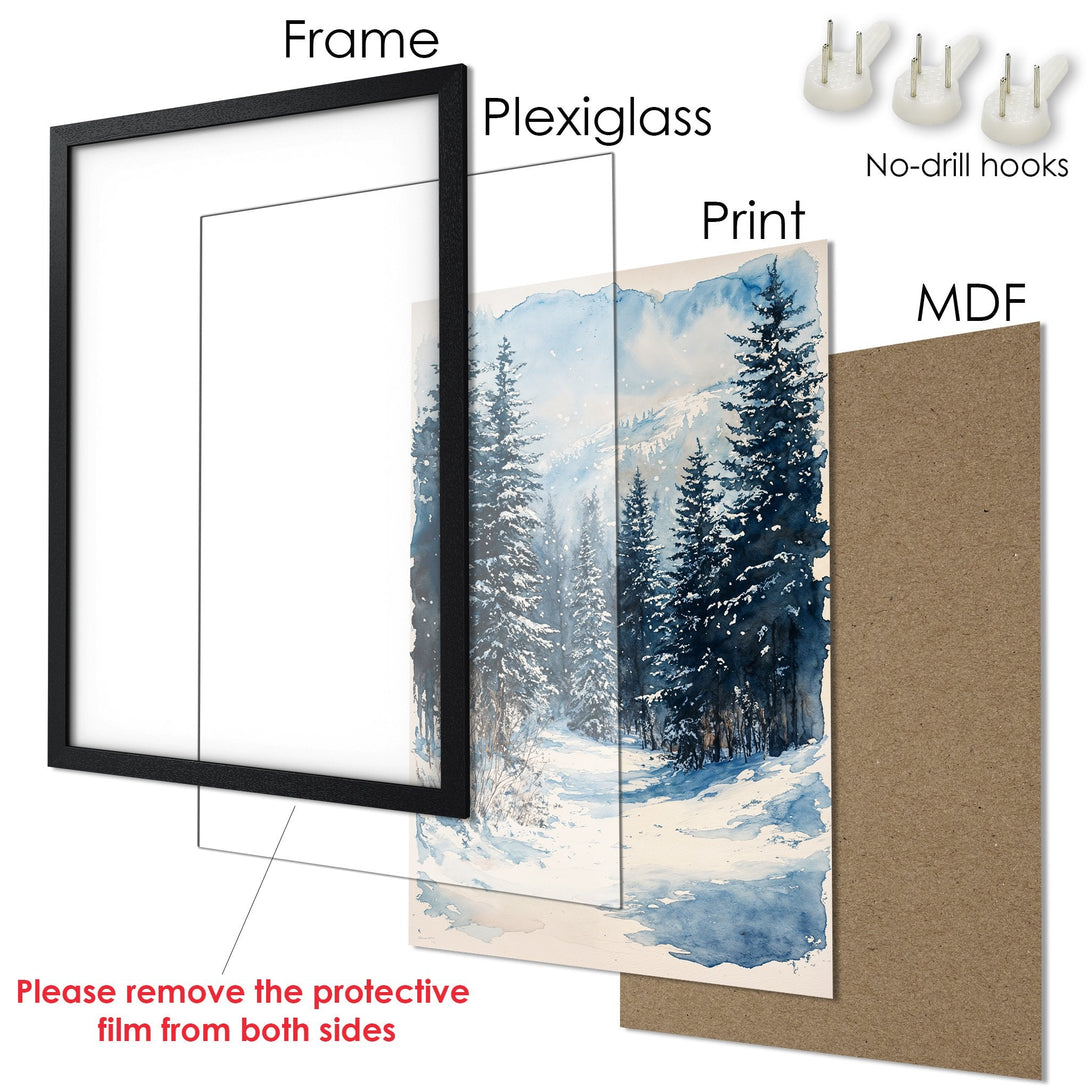 Framed Poster featuring a watercolor winter forest scene in blue and white hues. Perfect wall art for your home!