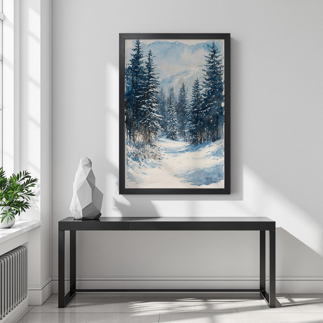 Framed Poster of a winter forest scene in watercolor style. Blue and white color palette. Perfect wall art for your home.