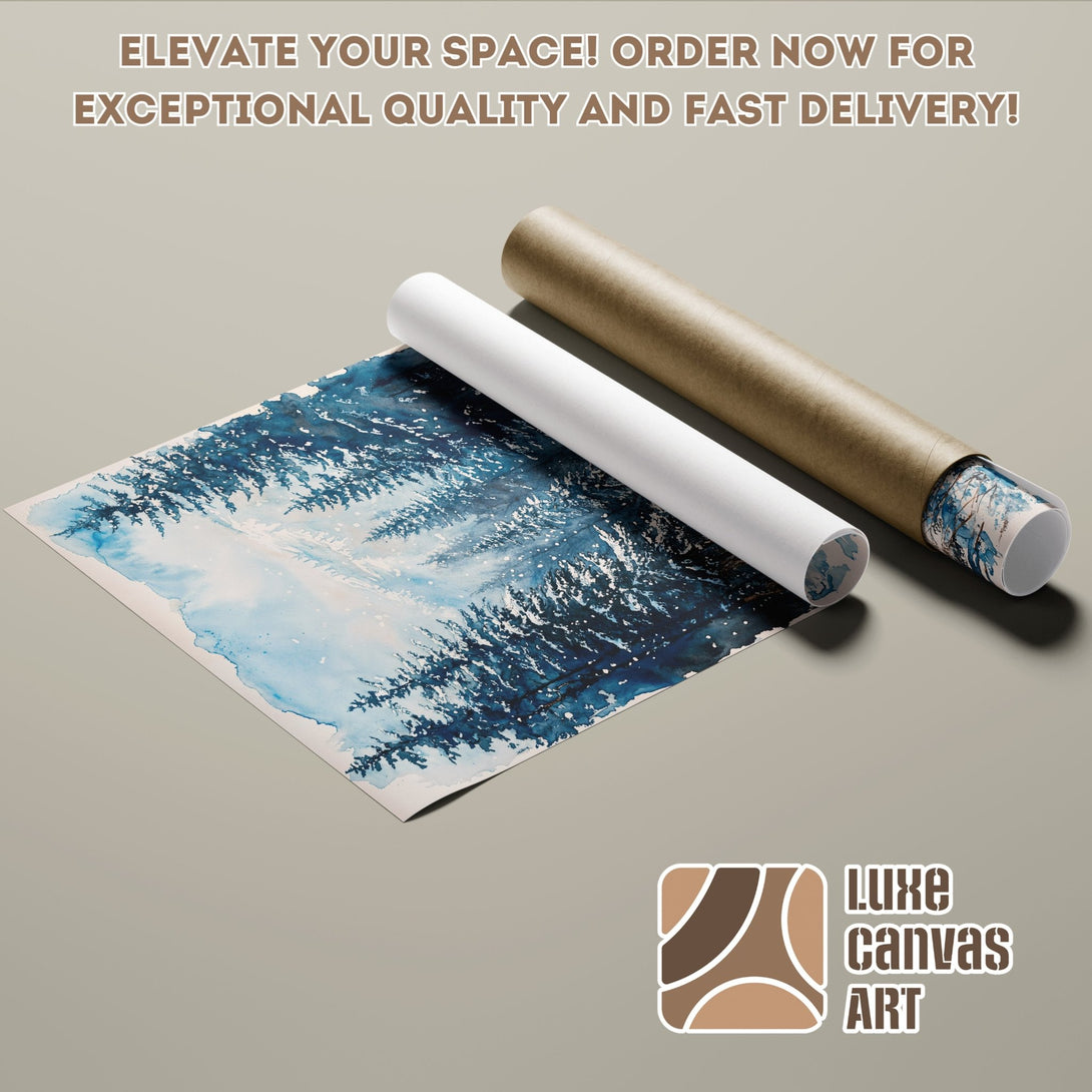 Watercolor Poster Roll featuring a winter forest scene in blue and white tones. Elevate your space with this art!