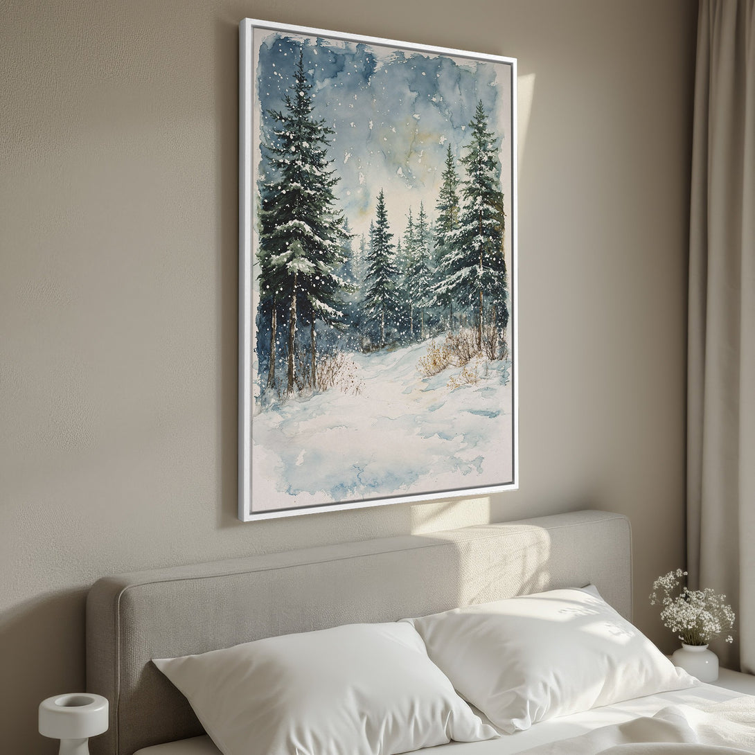 Framed Wall Art featuring a serene watercolor winter forest scene. Blue, green, and white color palette. Perfect for adding a touch of nature to your home decor.