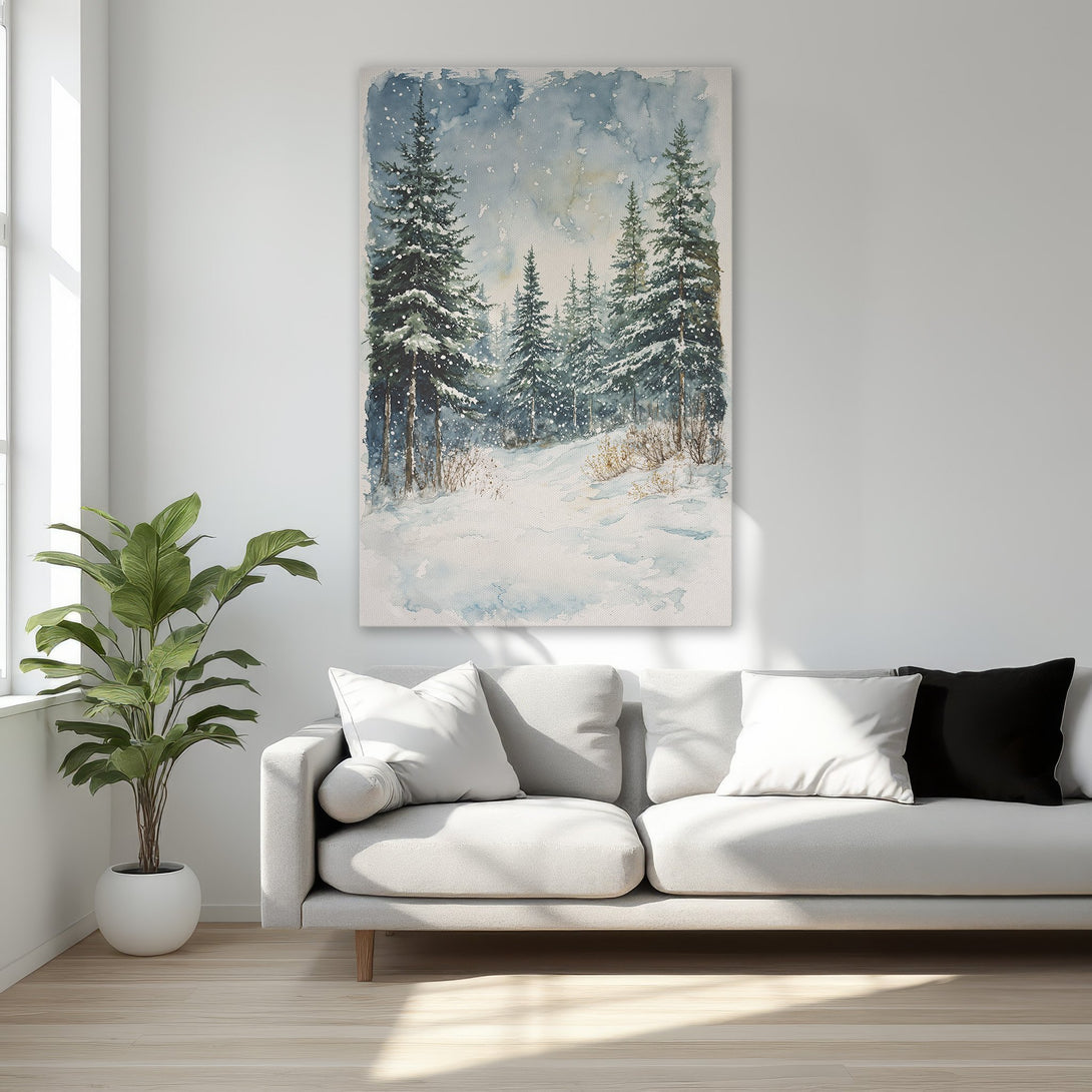 Framed Wall Art: Watercolor winter forest scene with blue, green, and white tones. Perfect for adding a touch of nature and serenity to your home decor.