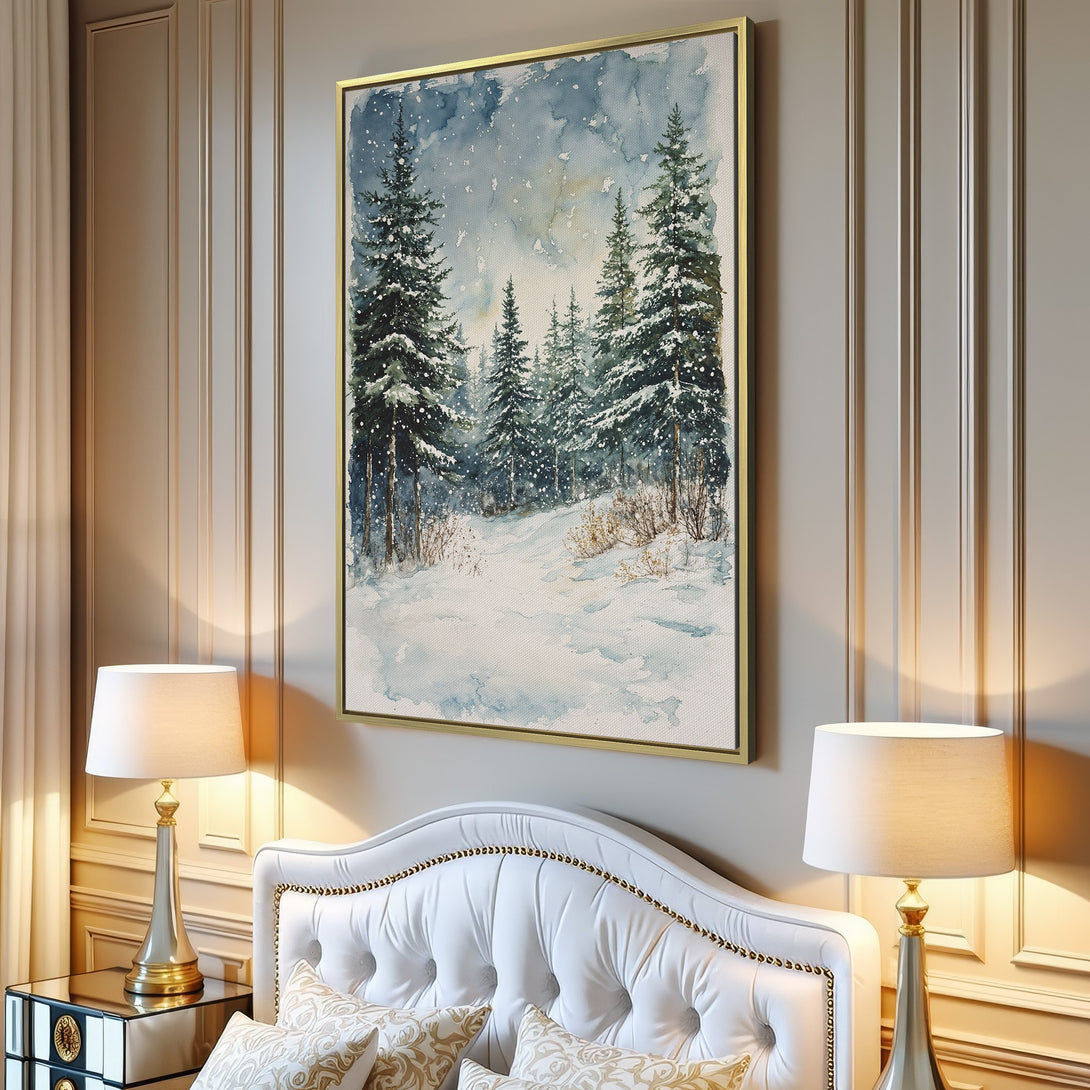 Canvas Print of a winter forest watercolor painting in blues and greens. Perfect for adding a touch of nature to your home decor.