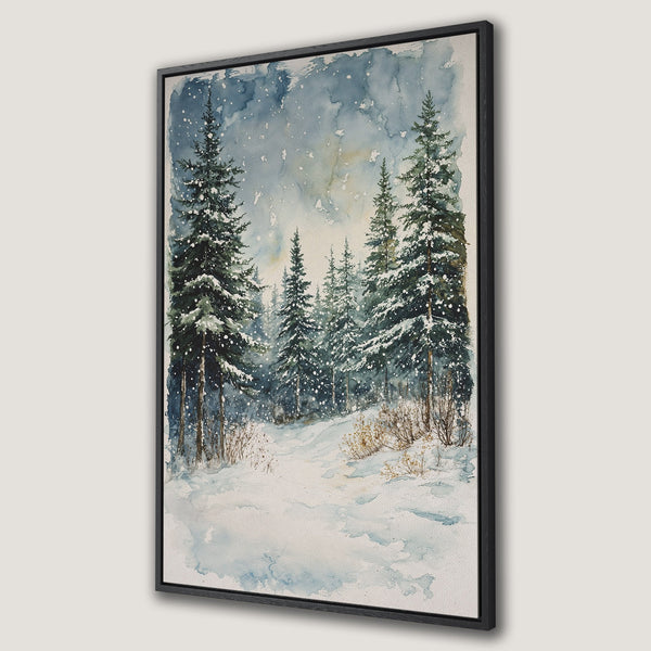 Framed Wall Art: Watercolor winter forest scene in blue, green, and white. Serene landscape Canvas Print for cozy home decor.