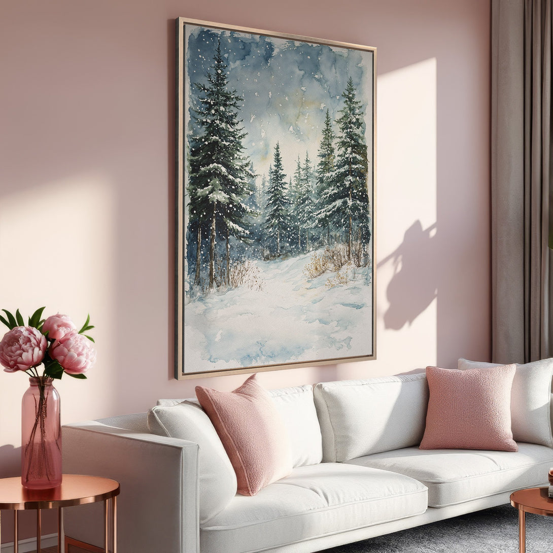 Framed Wall Art of a winter forest scene in watercolor style. Featuring a serene blue and green color palette, perfect for adding a touch of nature to your home.