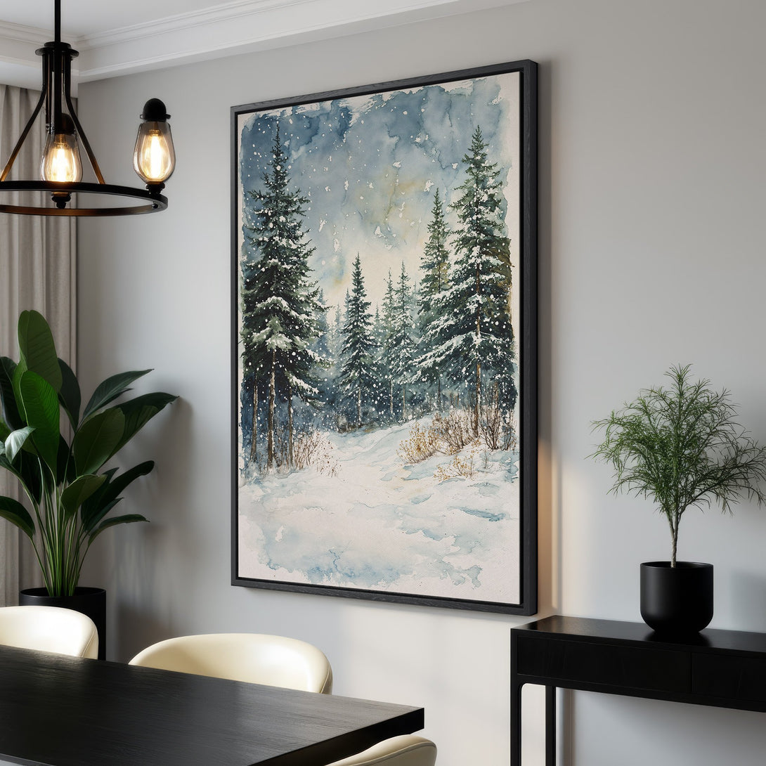 Framed Wall Art Canvas Print of a snowy winter forest in watercolor style, featuring a serene blue and white color palette. Perfect for cozy interiors.