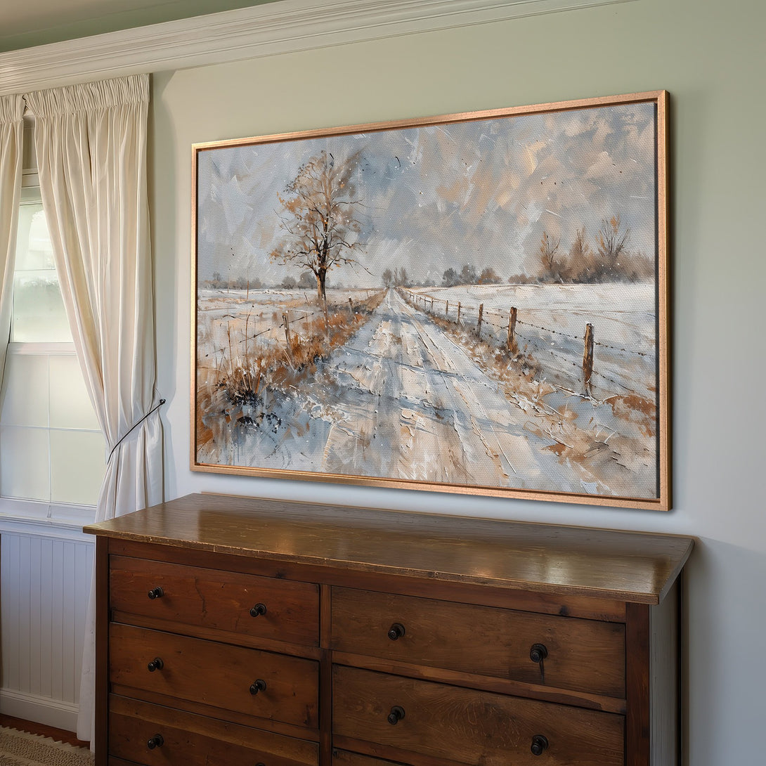 Framed Wall Art: Winter landscape Canvas Print in muted blues, browns, and grays. Rustic style artwork adds warmth and charm to any interior.