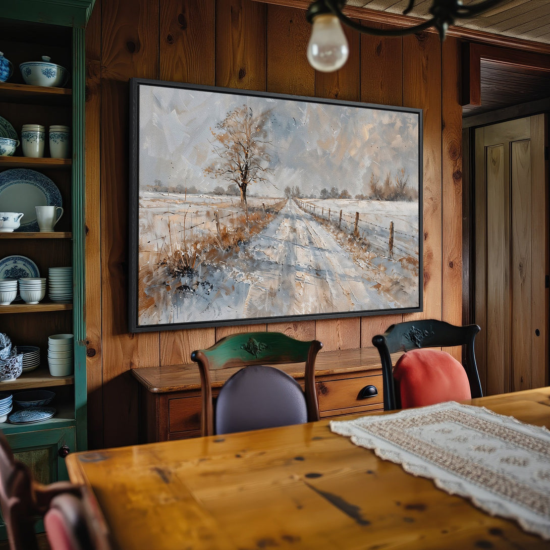 Framed Wall Art: Winter landscape canvas print in neutral tones, perfect for rustic decor. Enhance your space with this beautiful artwork!
