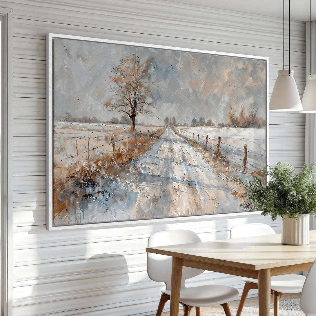 Framed Wall Art: Winter landscape canvas print in neutral tones. Rustic style painting of a snowy road, perfect for modern home decor.