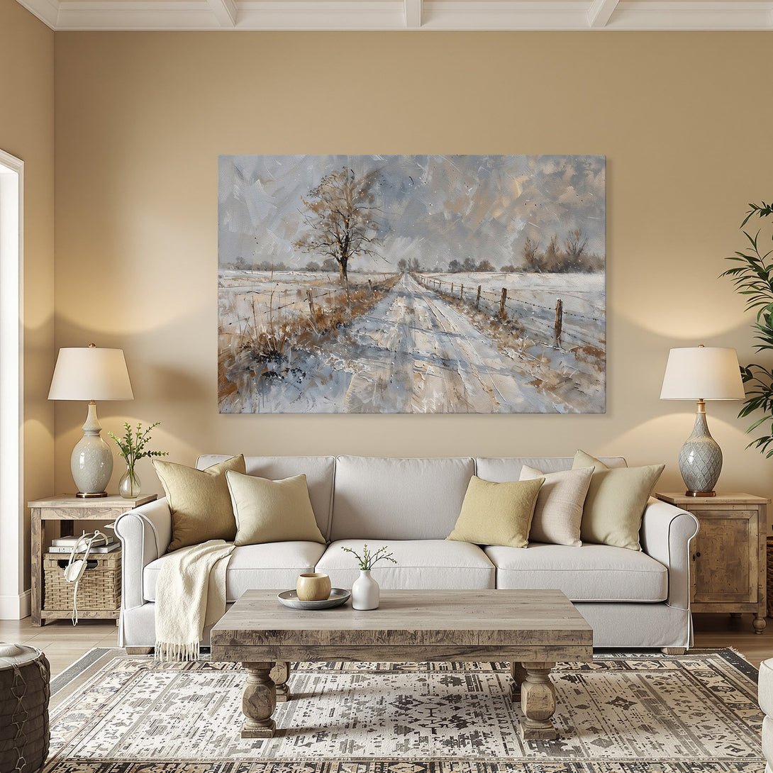 Framed Wall Art: Winter landscape Canvas Print in muted blues, grays, and browns. Adds a touch of rustic charm to any interior. Perfect for home decor!