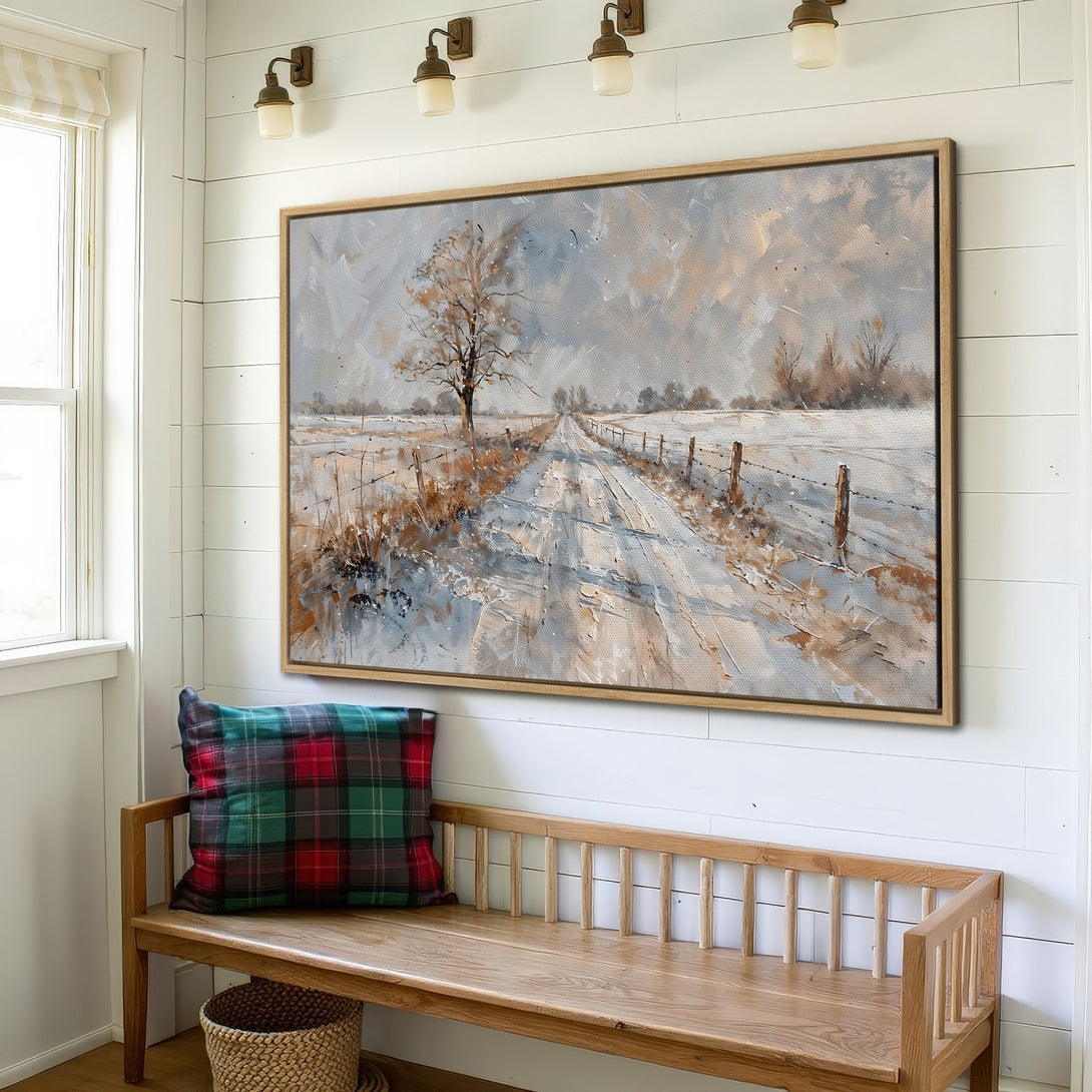 Framed Wall Art: Winter landscape painting with neutral tones. Rustic style canvas print adds cozy charm to any home decor.