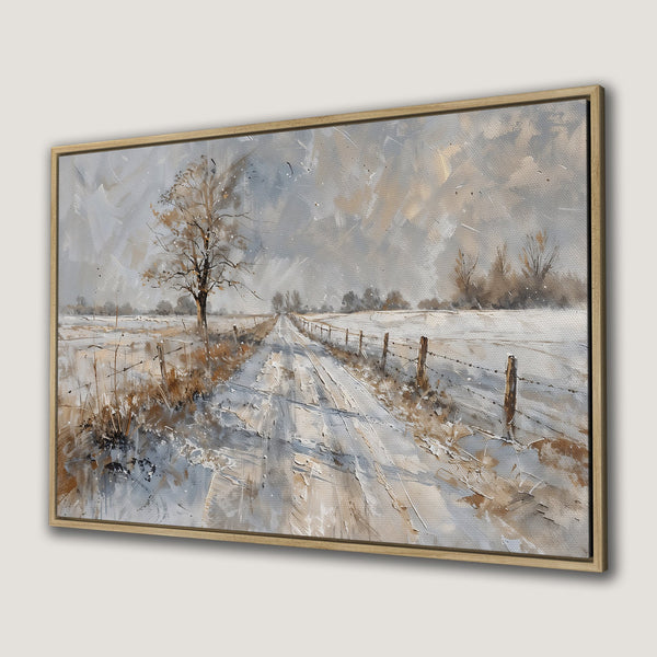 Framed Wall Art: Winter landscape Canvas Print with a road, tree, and fence in a neutral color palette. Perfect for cozy home decor.