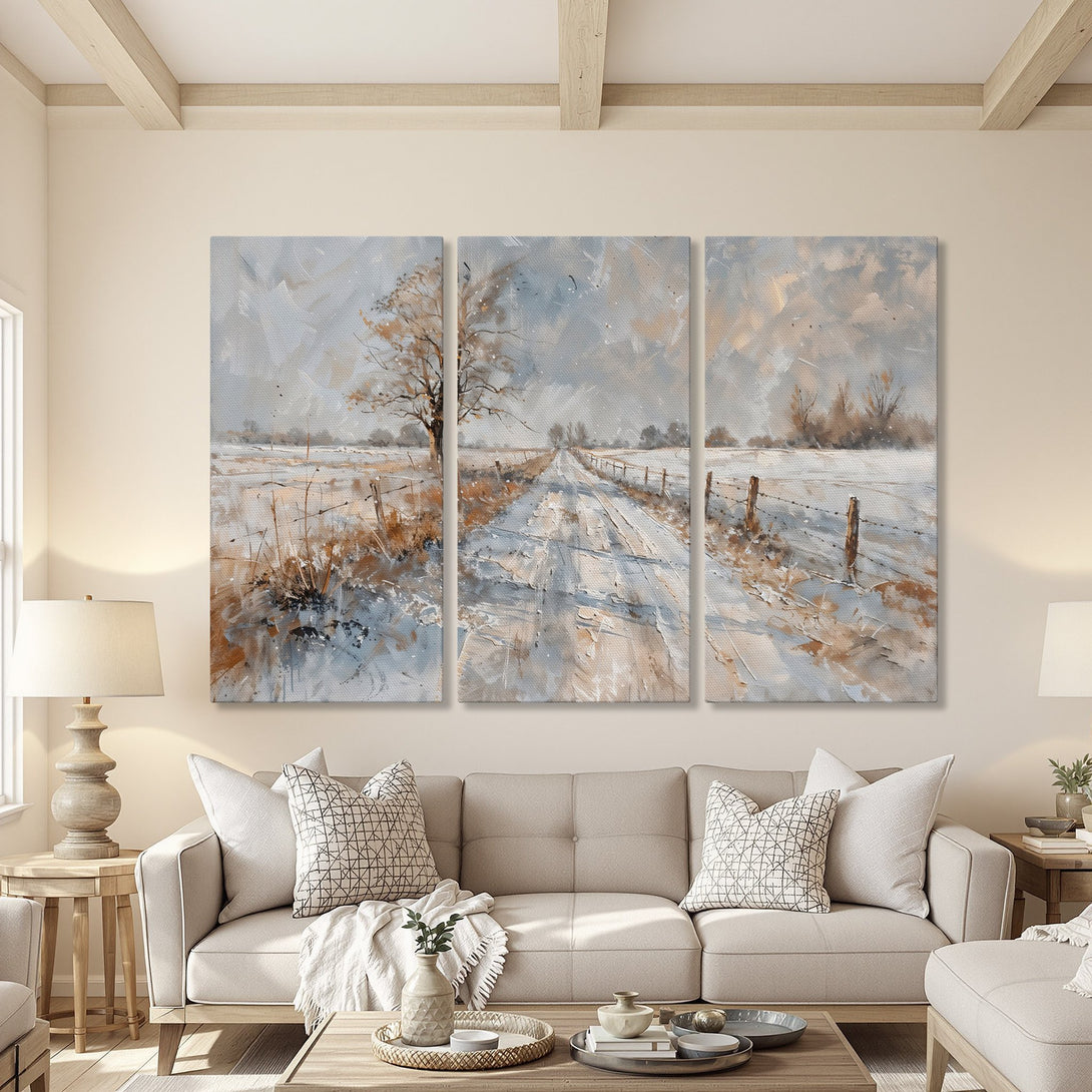Canvas Print of a winter landscape painting in neutral tones, displayed in a cozy living room. Features a serene, impressionistic style.