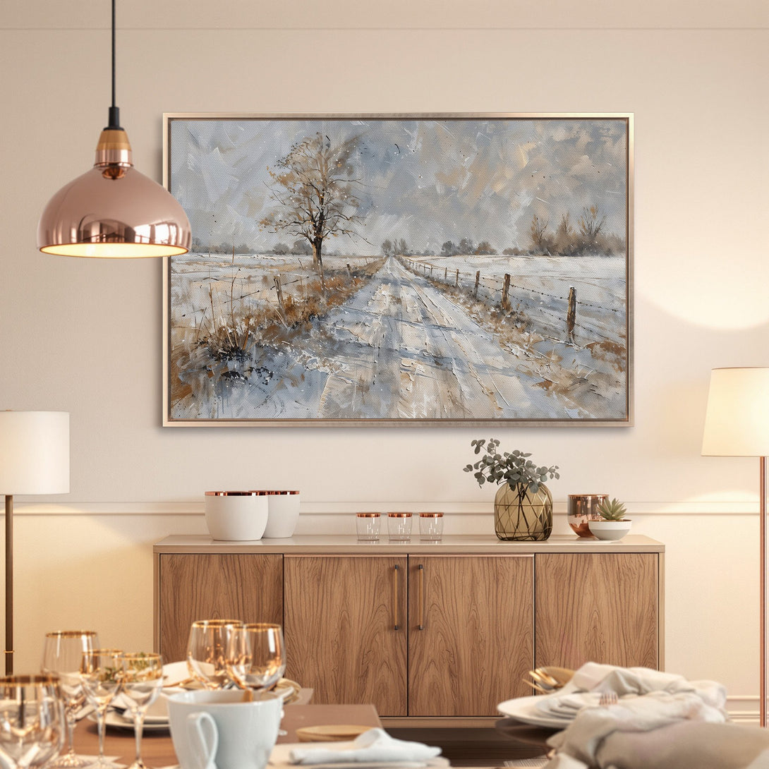 Framed Wall Art: Winter landscape canvas print in neutral tones. Perfect for adding a touch of serene beauty to your home decor.
