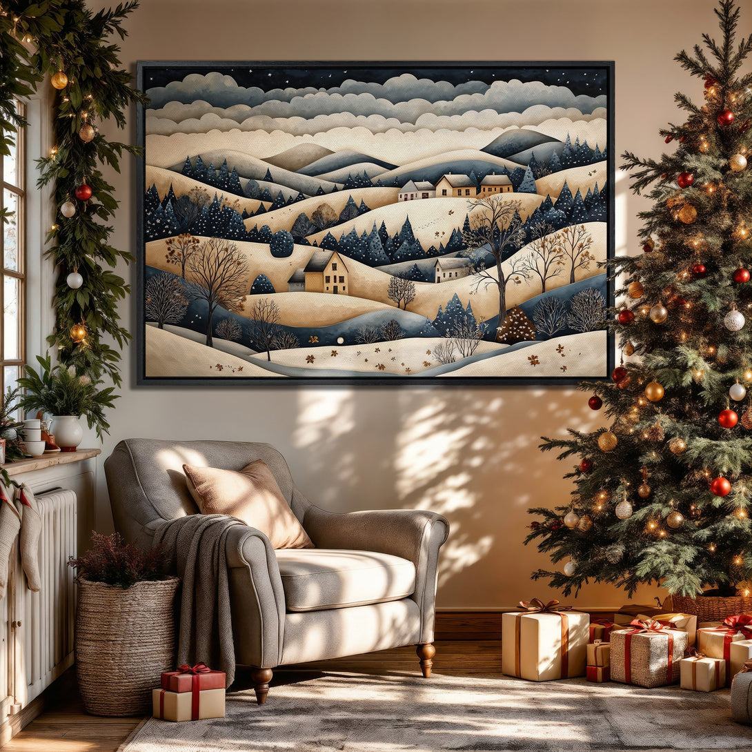 Framed Wall Art: Winter landscape Canvas Print in watercolor style, featuring a serene scene with blue, beige, and brown tones. Perfect for cozy home decor.
