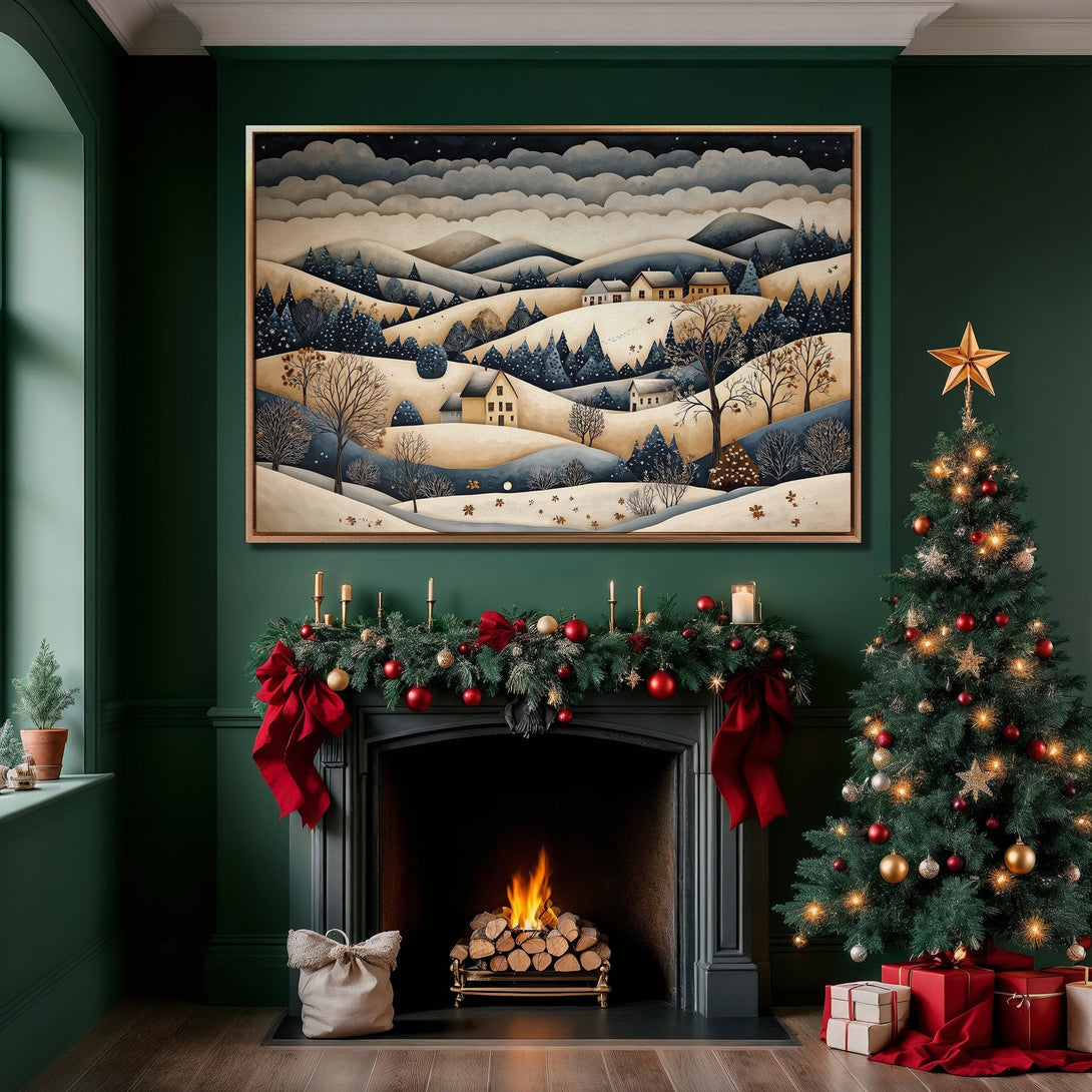 Framed Wall Art featuring a winter landscape in a cozy interior. The artwork showcases a muted blue and beige color palette, perfect for seasonal decor.
