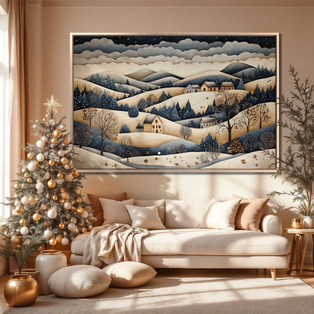 Framed Wall Art of a winter landscape in a cozy interior. Features a watercolor style with a blue, beige, and gold color palette. Perfect for holiday decor.