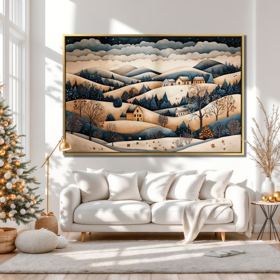 Canvas Print of a winter landscape in a watercolor style with muted blue, beige, and gold tones, perfect for cozy home decor.