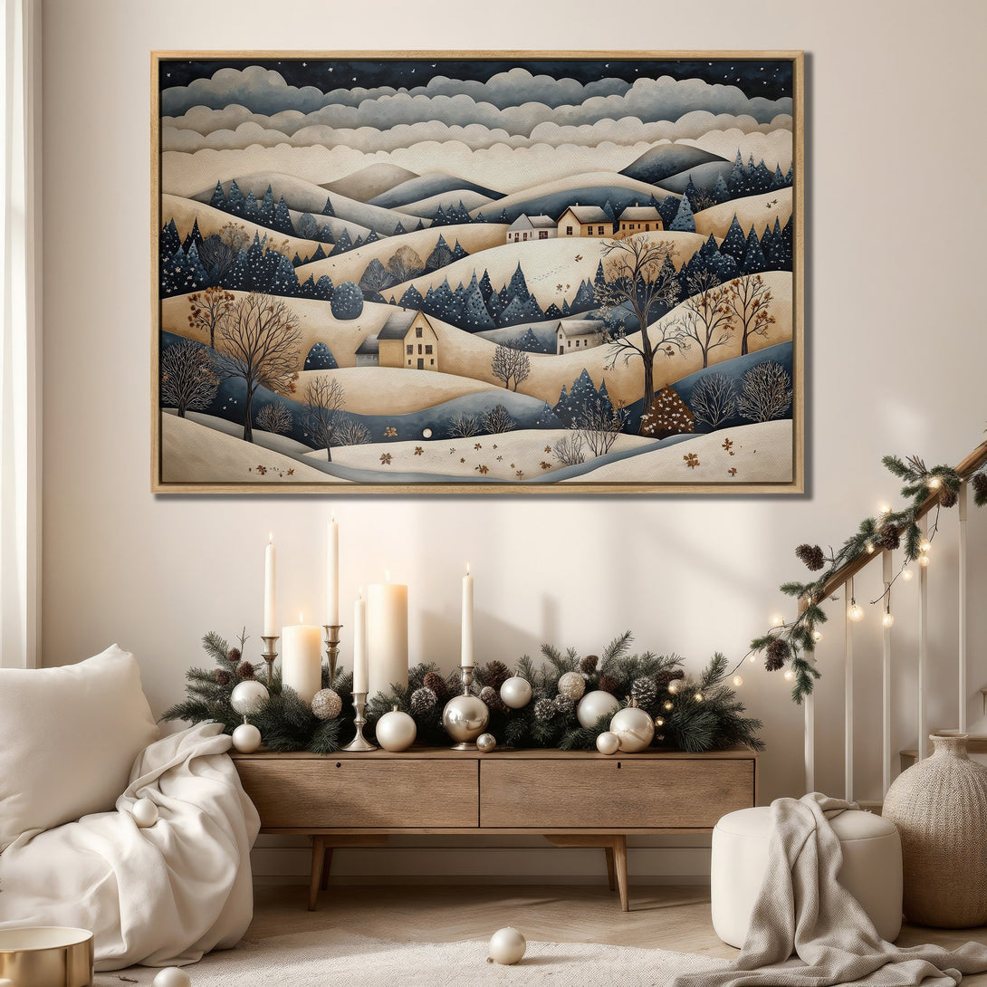 Framed Wall Art: Winter landscape canvas print with a watercolor style, featuring a serene scene in blue and beige tones. Perfect for cozy home decor.