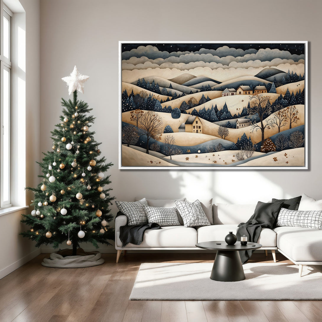 Framed Wall Art featuring a winter landscape in watercolor style, displayed in a cozy living room. Earthy tones and blue hues create a warm, inviting atmosphere.