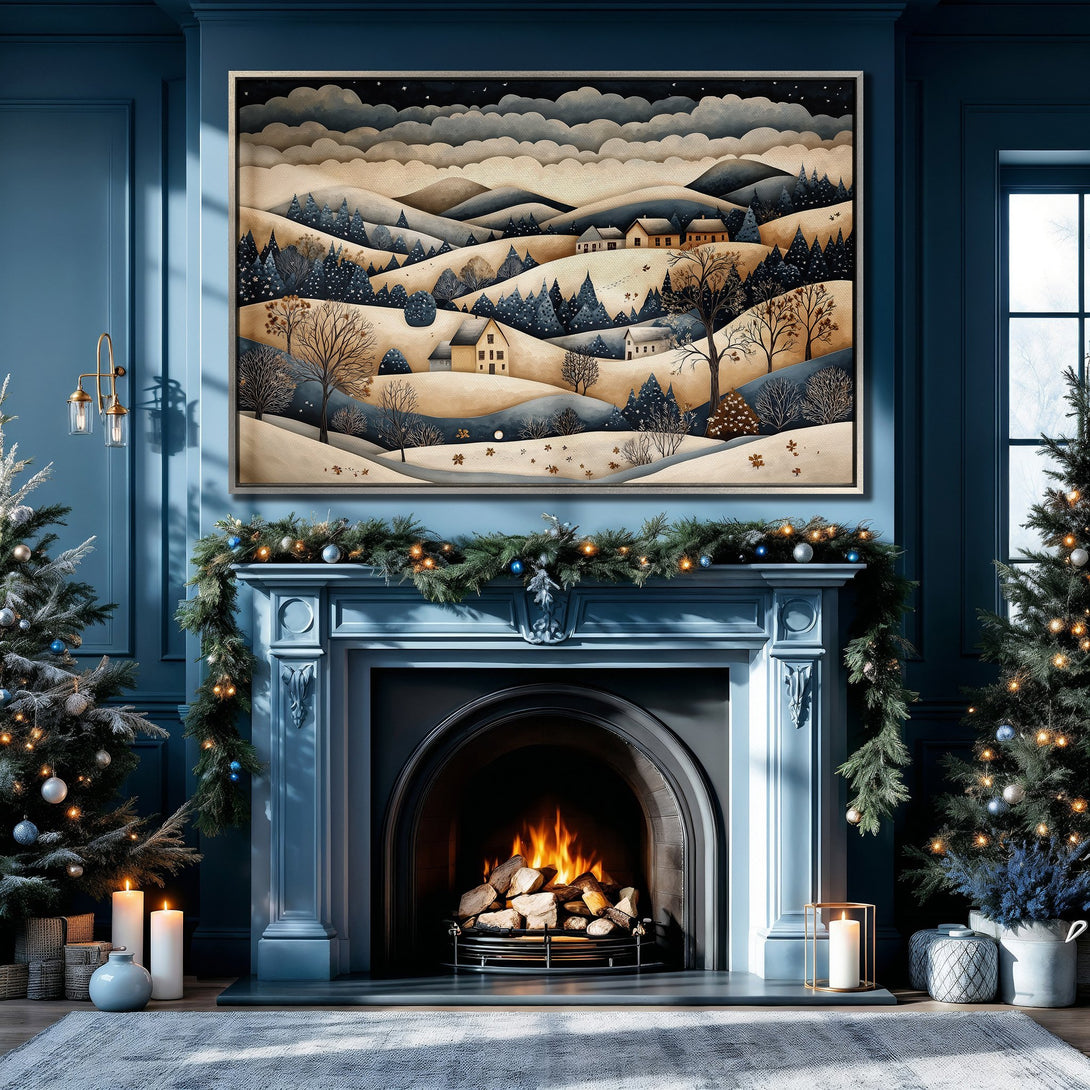 Framed Wall Art of a winter landscape in a cozy interior. Features a neutral and blue color palette. Perfect for holiday decor!