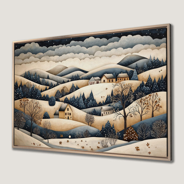 Framed Wall Art: Watercolor landscape of a winter village in muted blues and browns. Perfect for cozy decor.