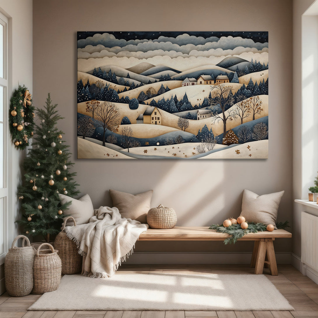 Framed Wall Art: Winter landscape canvas print in watercolor style, featuring a serene scene with blue, tan, and white hues. Perfect for cozy decor!