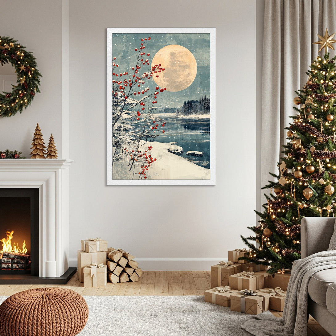 Framed Poster of winter landscape with a full moon, in a vintage style, with blue, white, and red tones. Perfect Christmas decor.